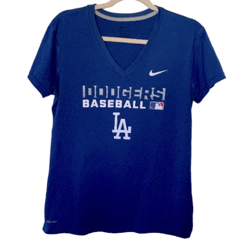 NIKE LA Dodgers Women’s T-Shirt V-neck Dri-Fit Baseball Blue Medium - Picture 3 of 8